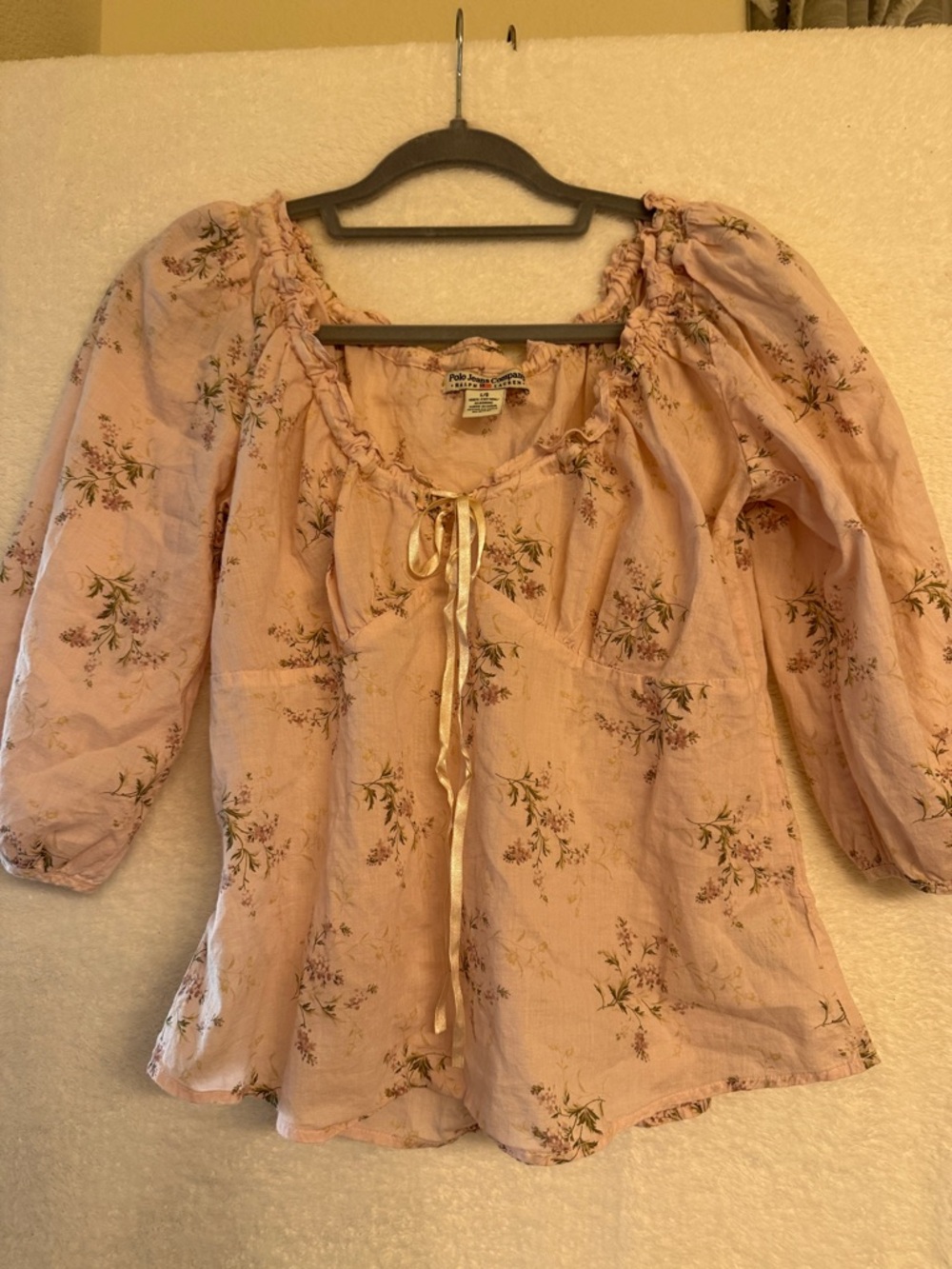 Vintage Ralph Lauren cottage core Floral Peasant Blouse w/ Ribbon Tie back/front